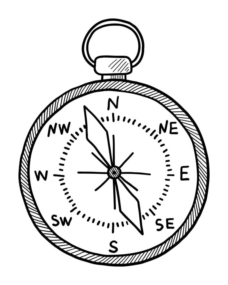 VECTOR TOURIST COMPASS ISOLATED ON A WHITE BACKGROUND. DOODLE DRAWING BY HAND