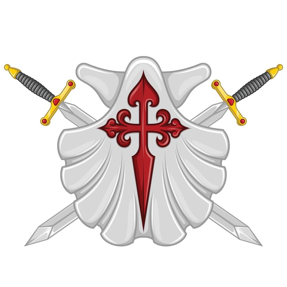 Marian shell vector design with the cross of the apostle Santiago, symbol of the Camino de Santiago de Compostela, cross of the order of Santiago