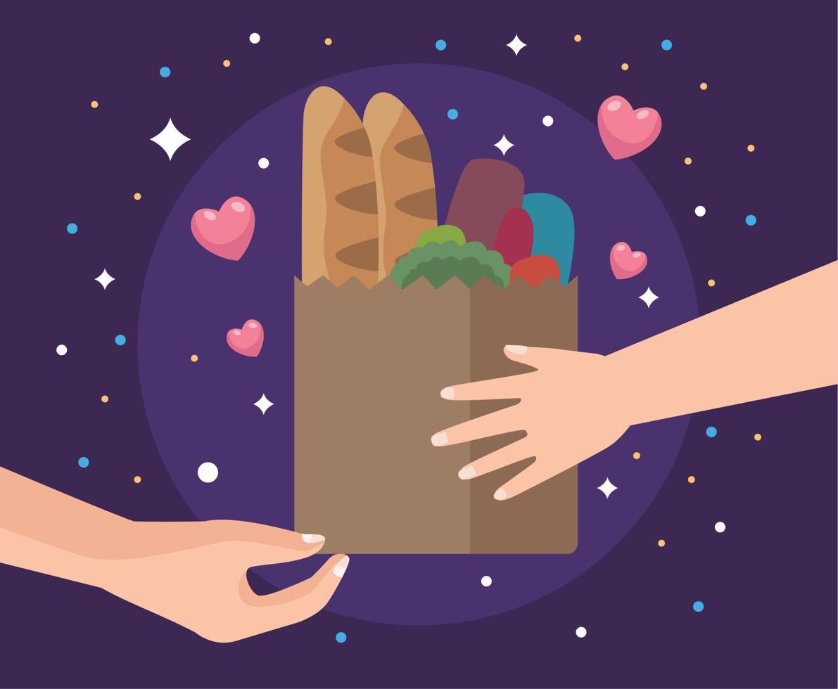 hands giving groceries vector