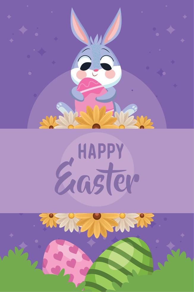 happy easter rabbit and flowers vector