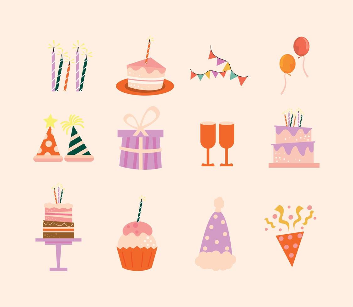 doce iconos de feliz cumpleaños vector