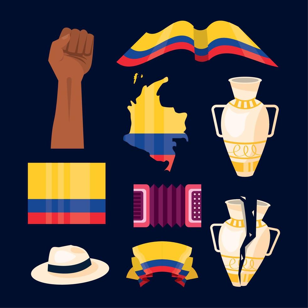 nine colombia independence icons vector