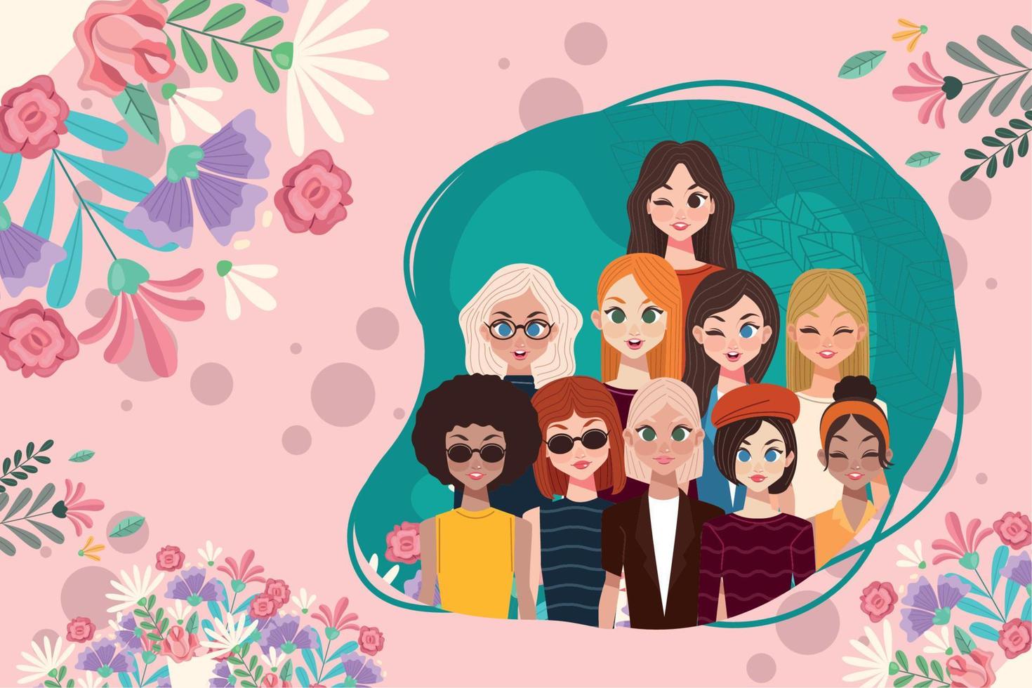 women group in floral frame vector