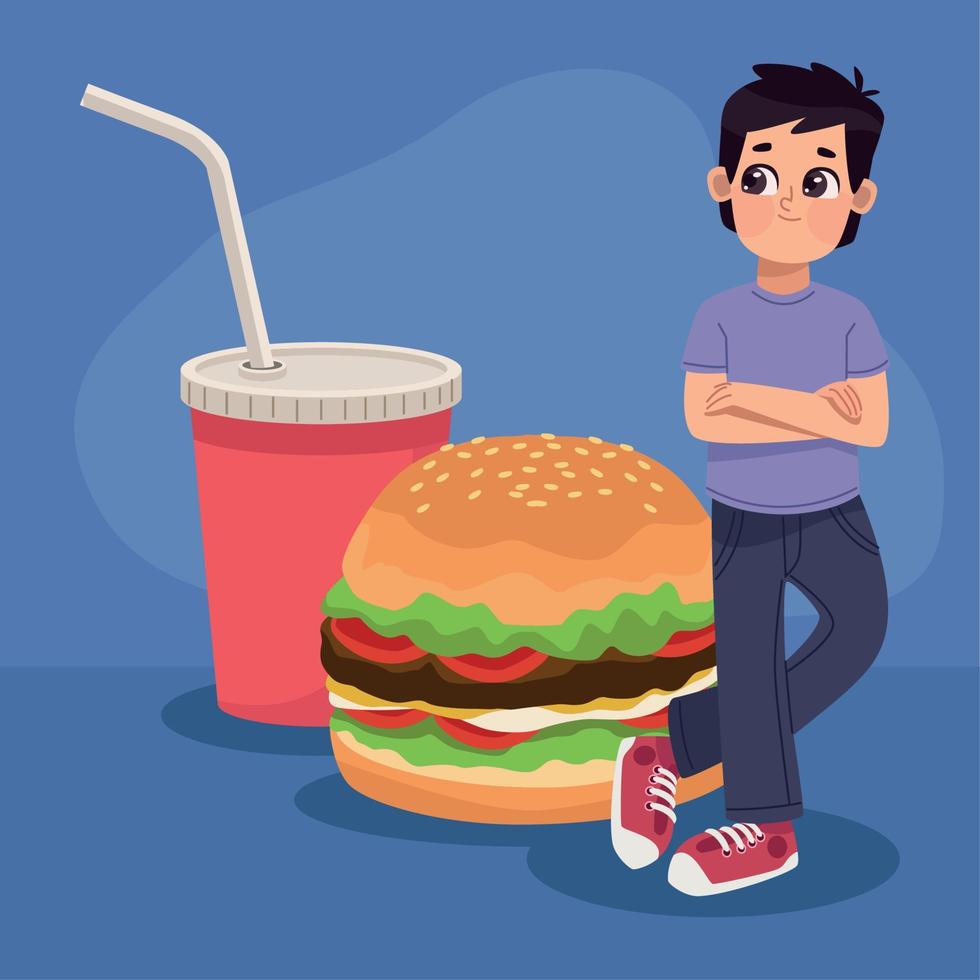 hombre con hamburguesa y refresco vector