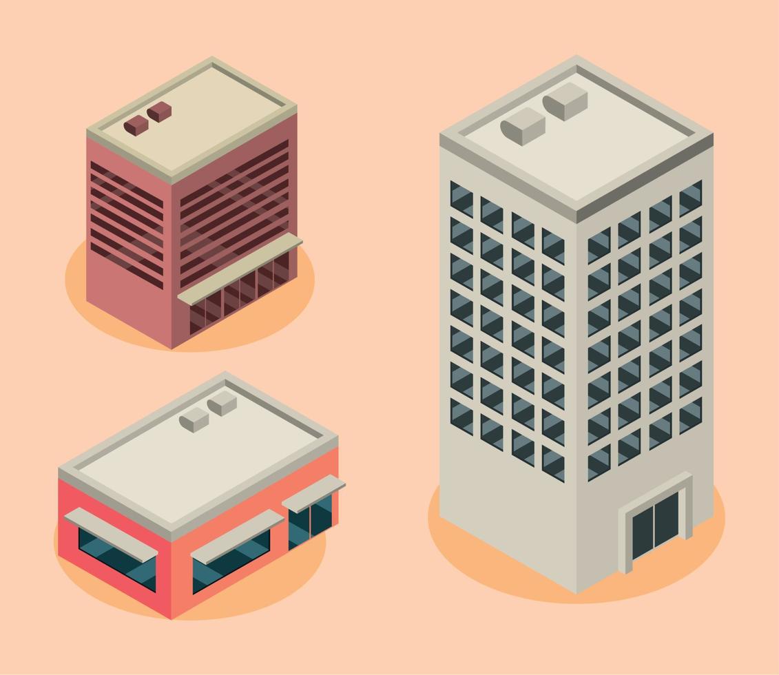 isometric buildings icons vector