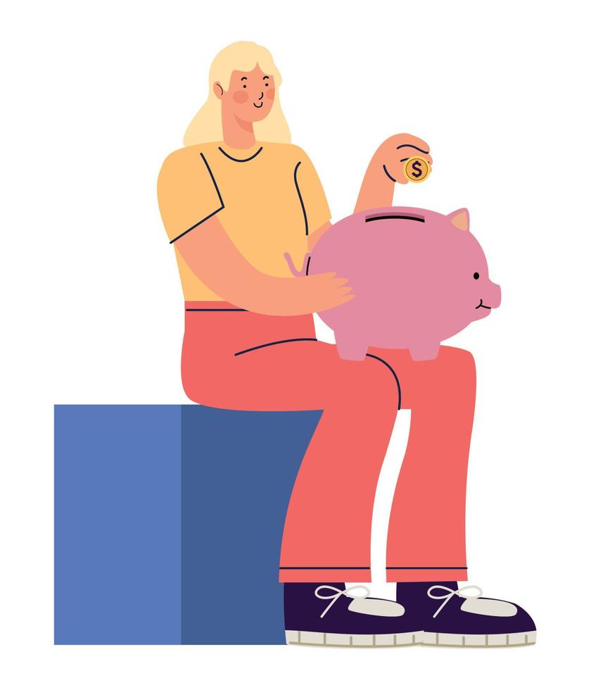 woman holding piggy vector