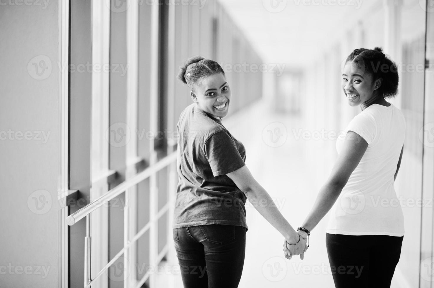 espalda de dos amigas africanas en camisetas caminando con las manos juntas en el interior. foto