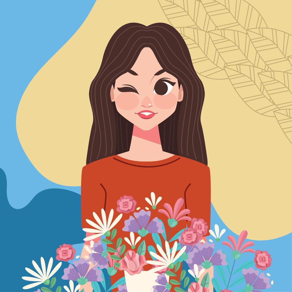 mujer feliz con flores vector