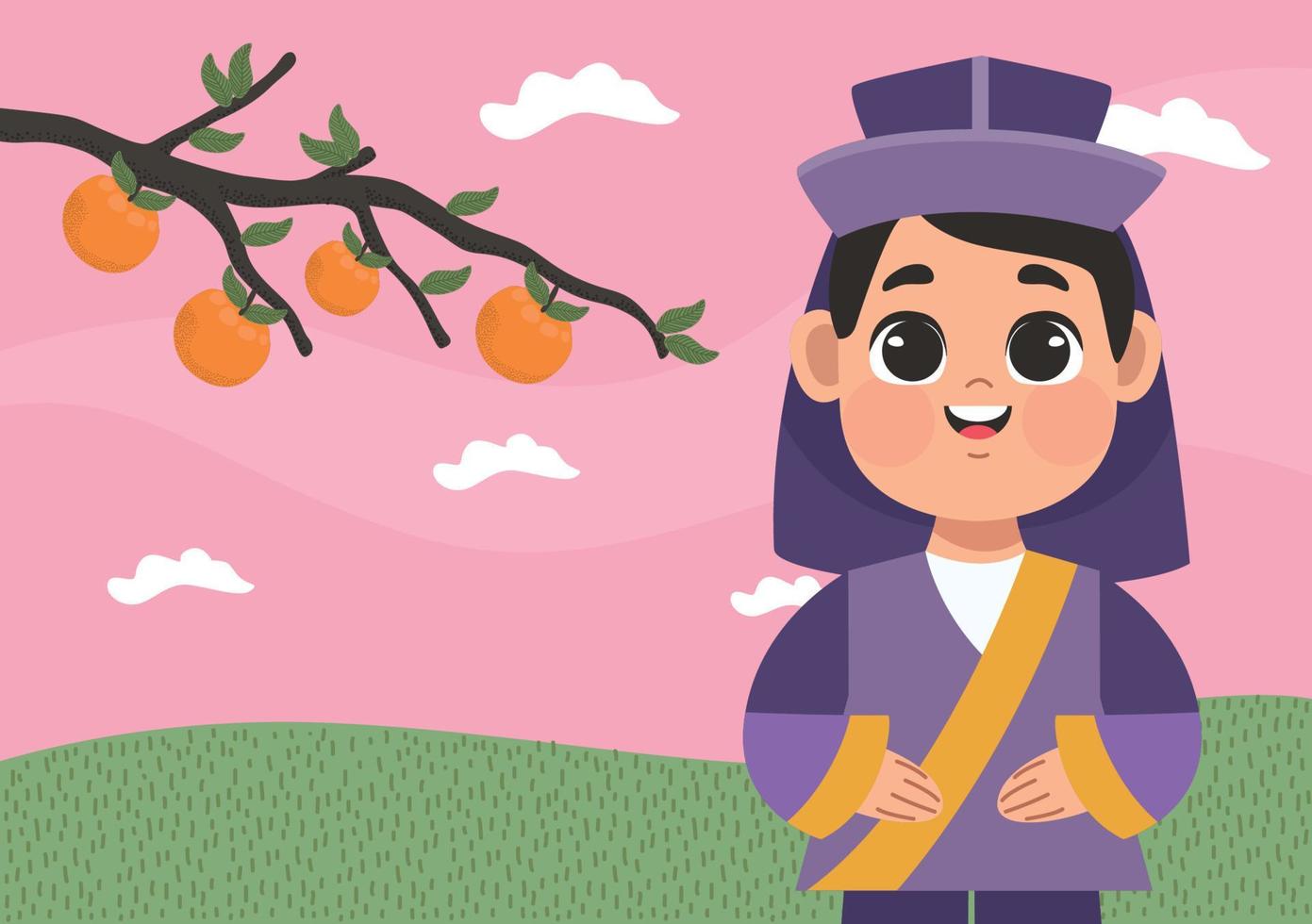 woman with oranges tree chuseok vector