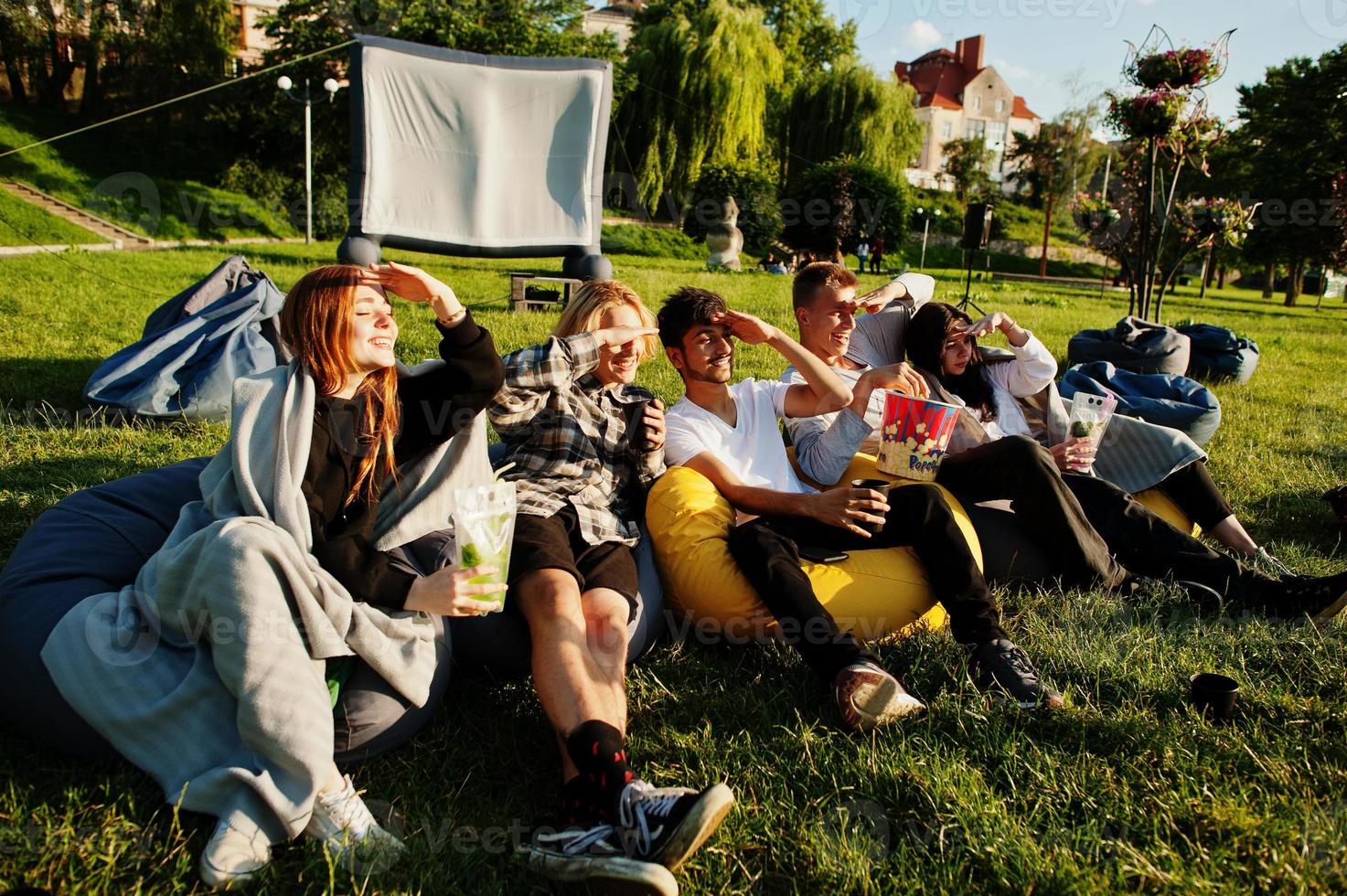 Young multi ethnic group of people watching movie at poof in open air cinema. photo