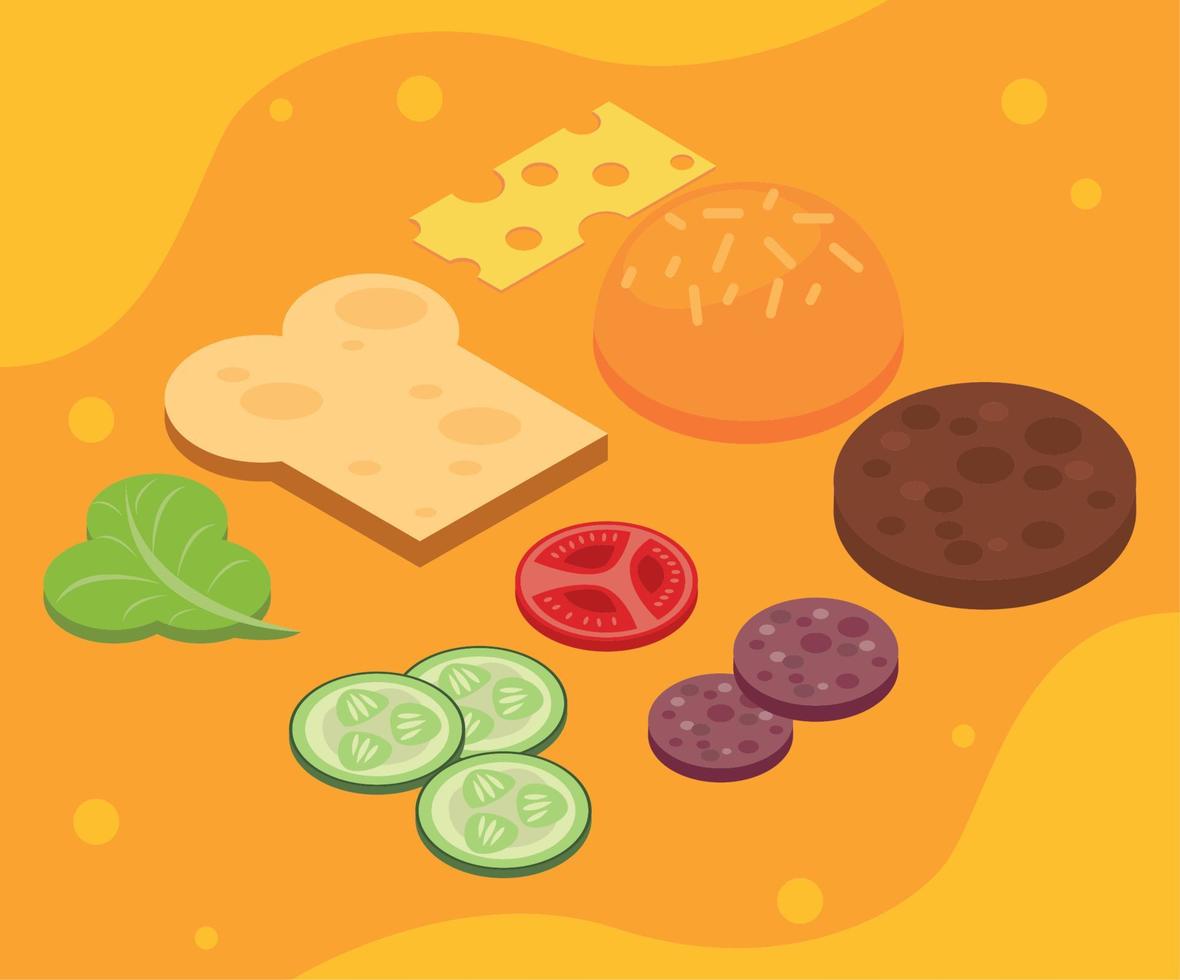 ocho iconos isométricos de comida rápida vector