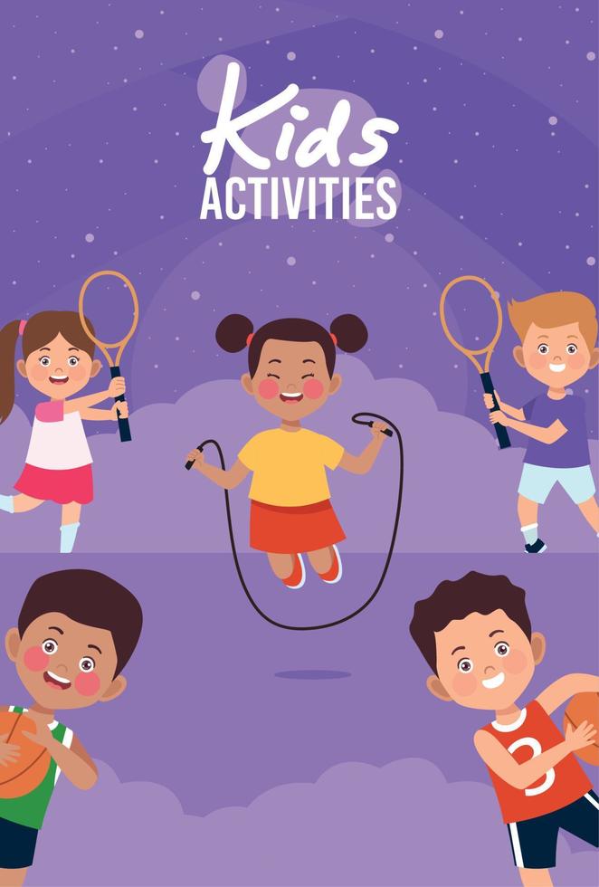 five kids practicing activities vector