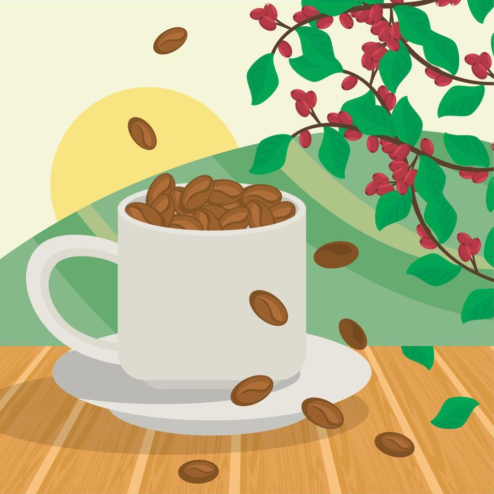 escena de taza de café y granos vector