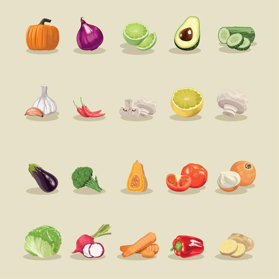 twenty fresh vegetables icons vector