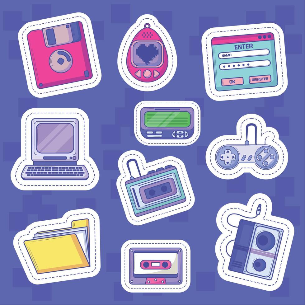 retro tech sticker icons vector