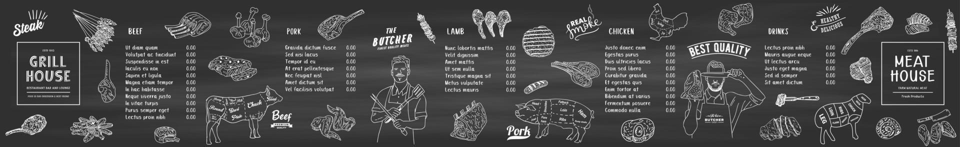Meat house restaurant menu price template for meat dishes. vector