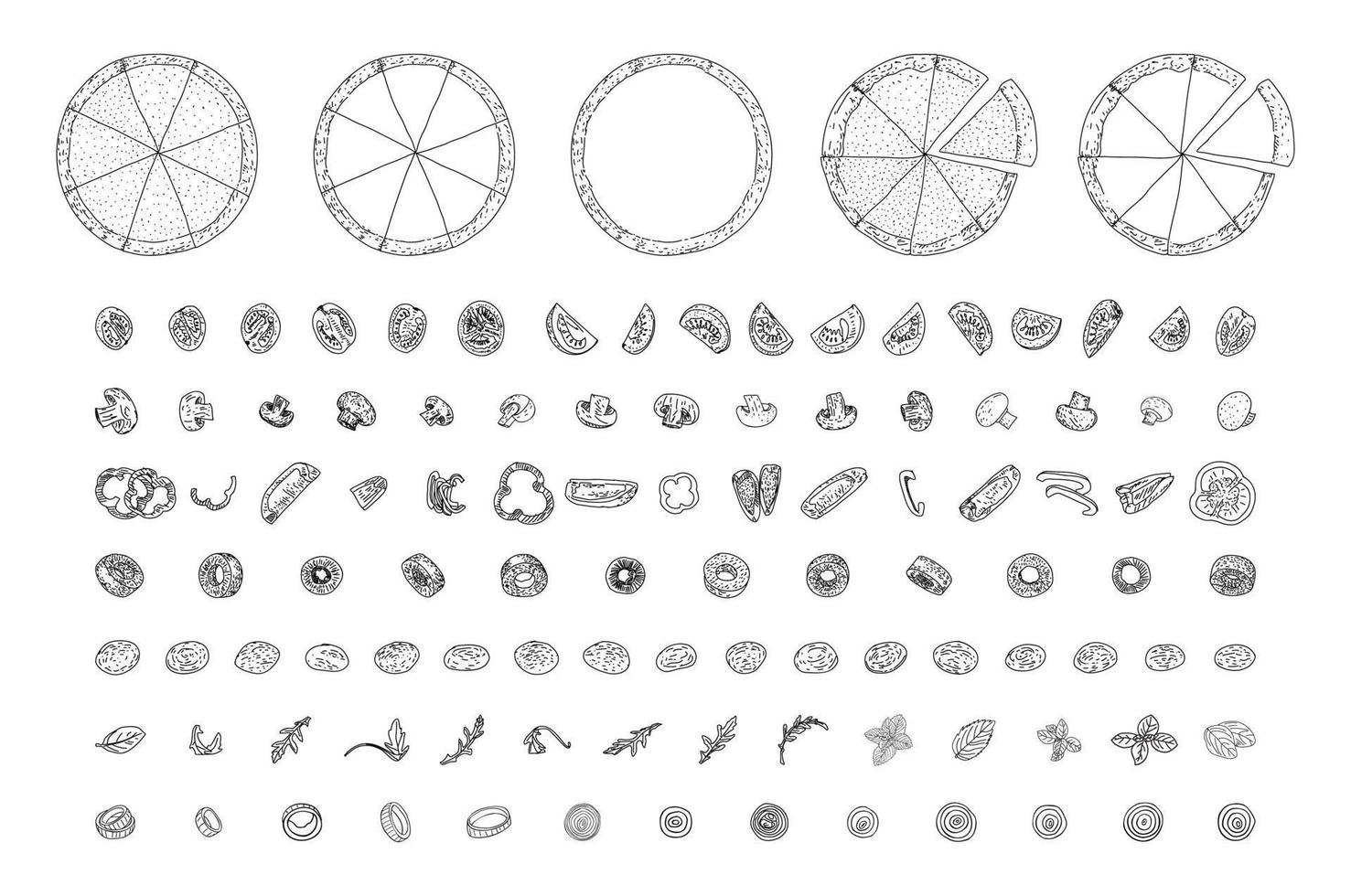 Pizza set, sketch style. Top view. Design template. vector