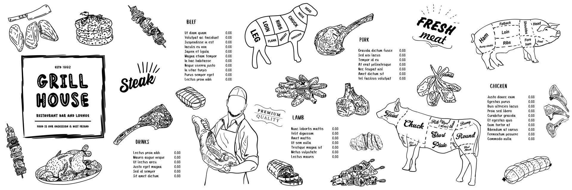 plantilla de precio de menú de restaurante grill house para platos de carne. vector