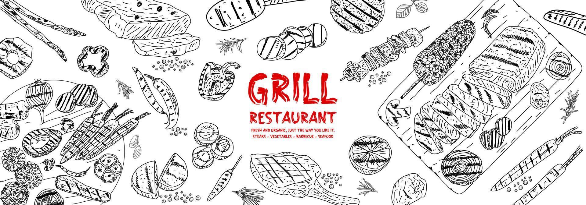 Grilled meat and vegetables poster. vector