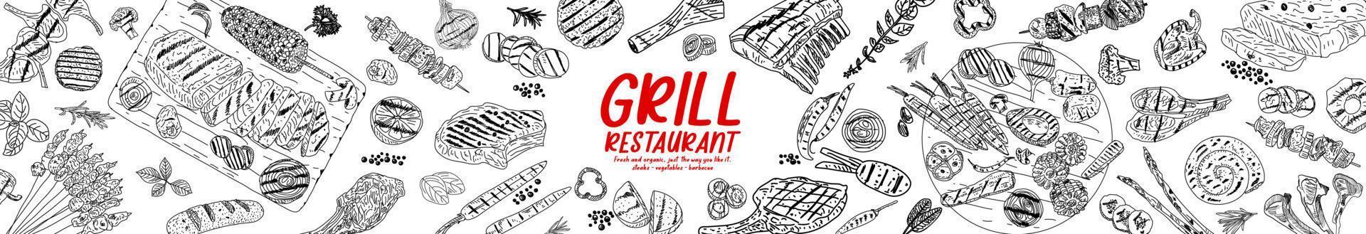 Grilled meat and vegetables poster. vector