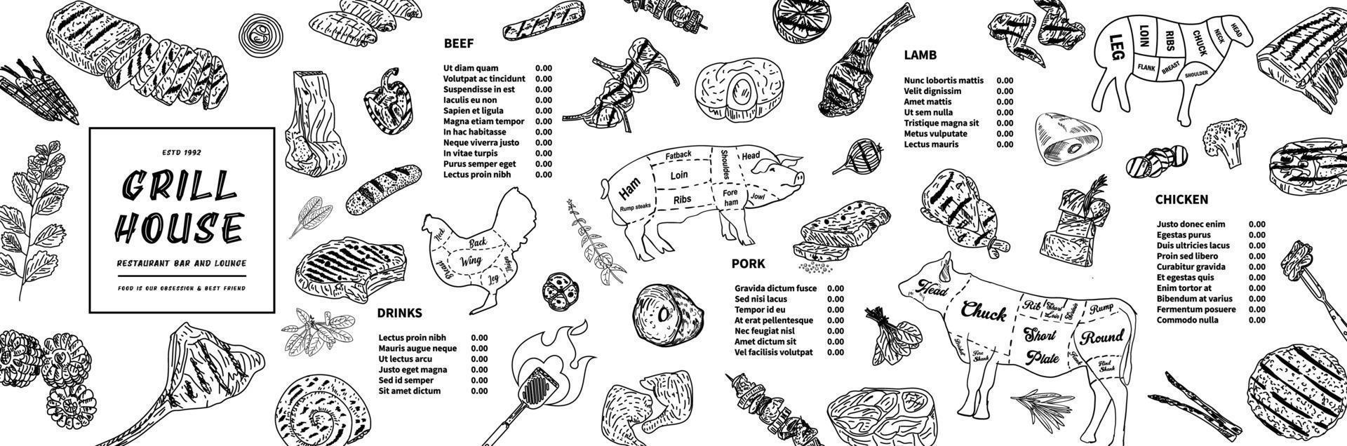 Meat house restaurant menu price template for meat dishes. vector