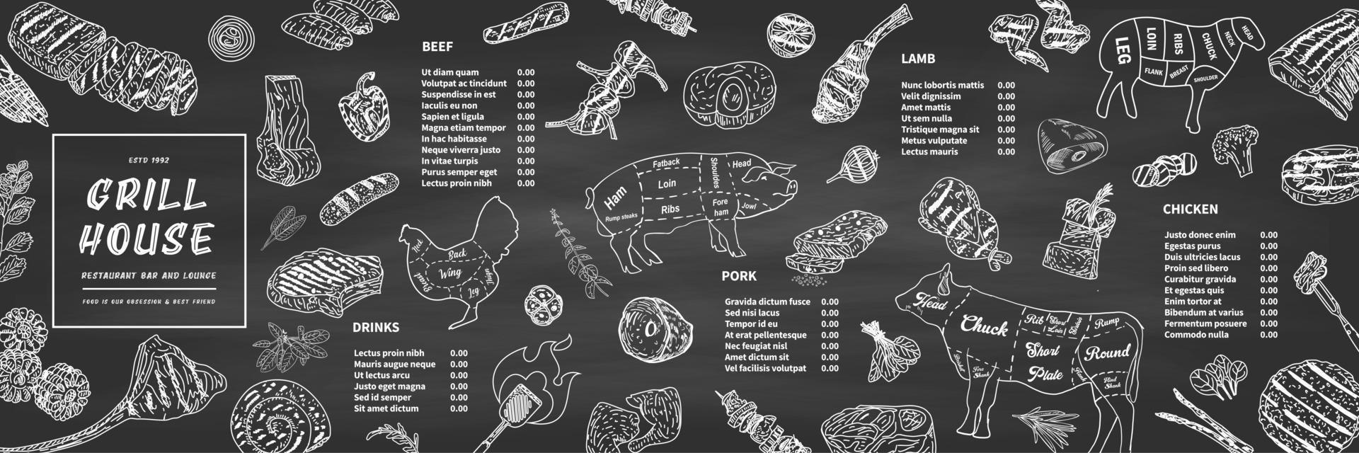 Meat house restaurant menu price template for meat dishes. vector