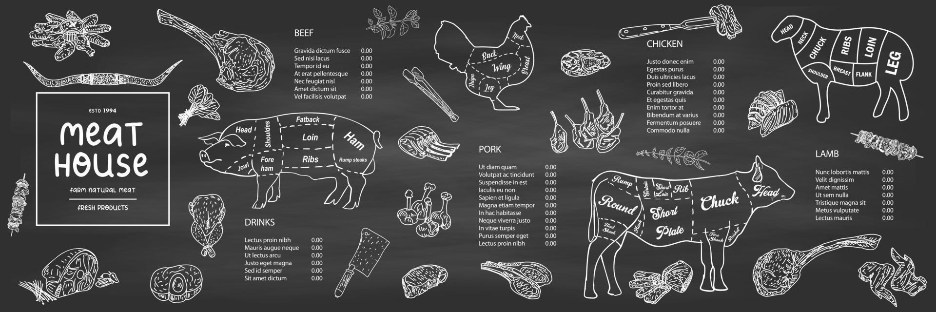 Meat house restaurant menu price template for meat dishes. vector