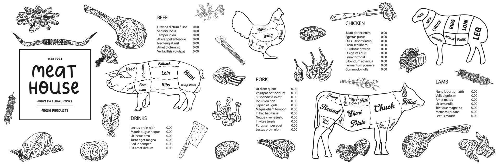 Meat house restaurant menu price template for meat dishes. vector