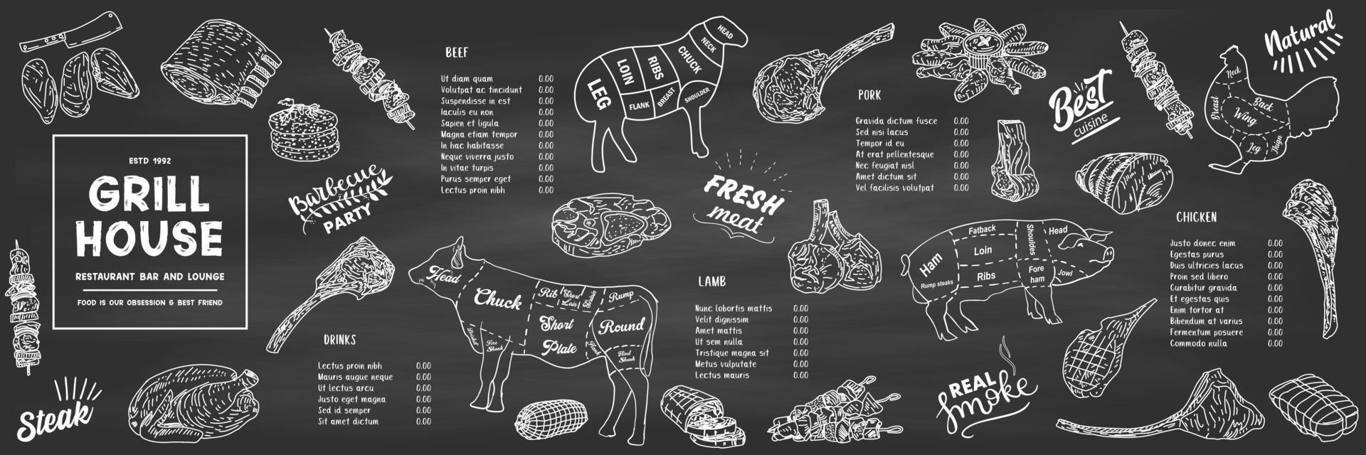 Grill house restaurant menu price template for meat dishes. vector