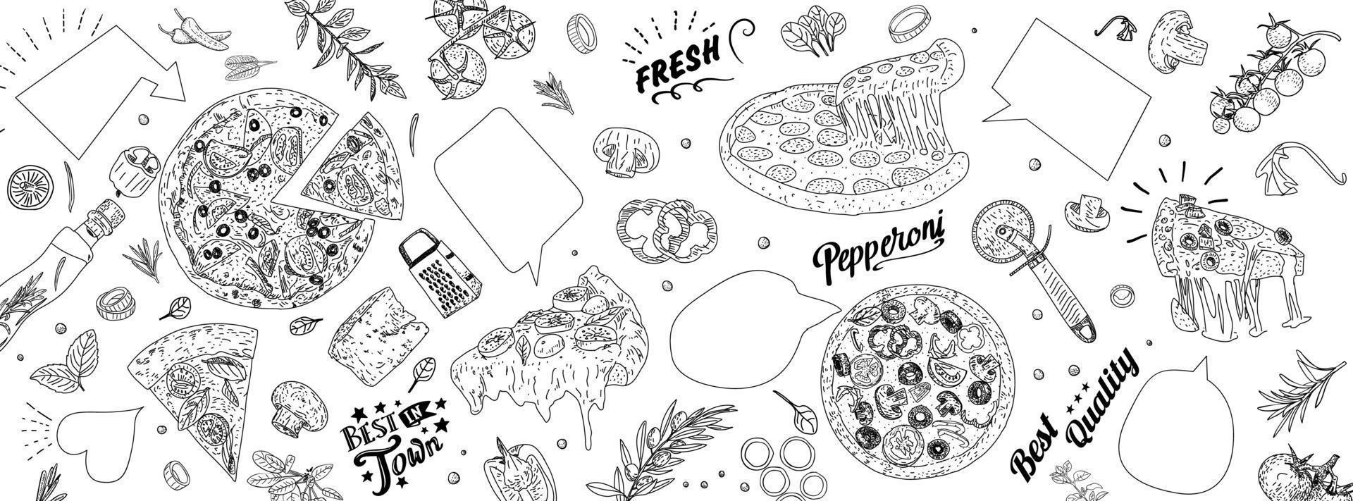 Traditional Italian pizza. Vector illustration. Engraved design. Space for text.