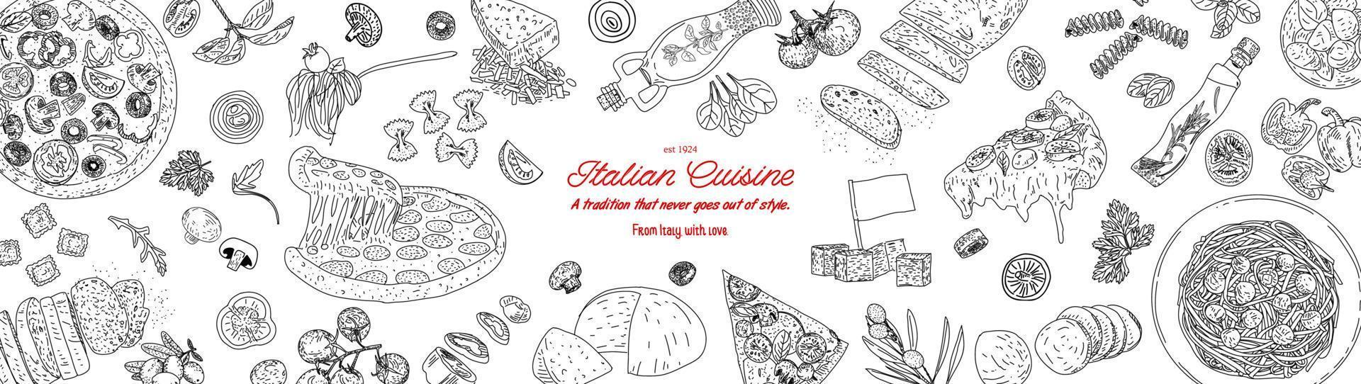 Italian cuisine top view frame. Engraved image. vector