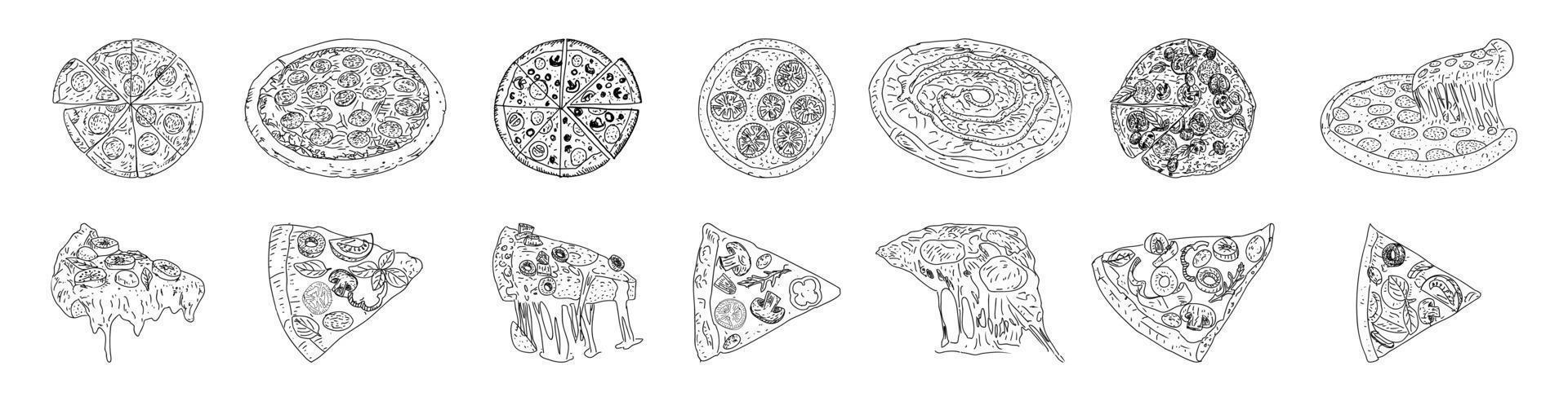 juego de pizza, estilo boceto. vista superior. plantilla de diseño vector