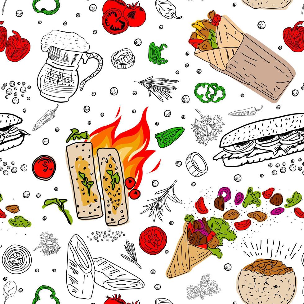 Shawarma cooking and ingredients for kebab. vector