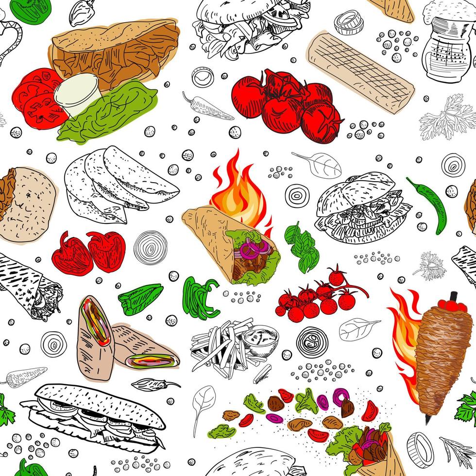 Shawarma cooking and ingredients for kebab. vector