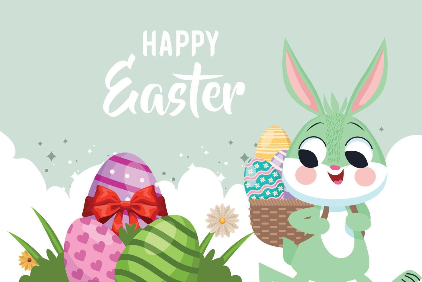 happy easter rabbit lifting eggs vector