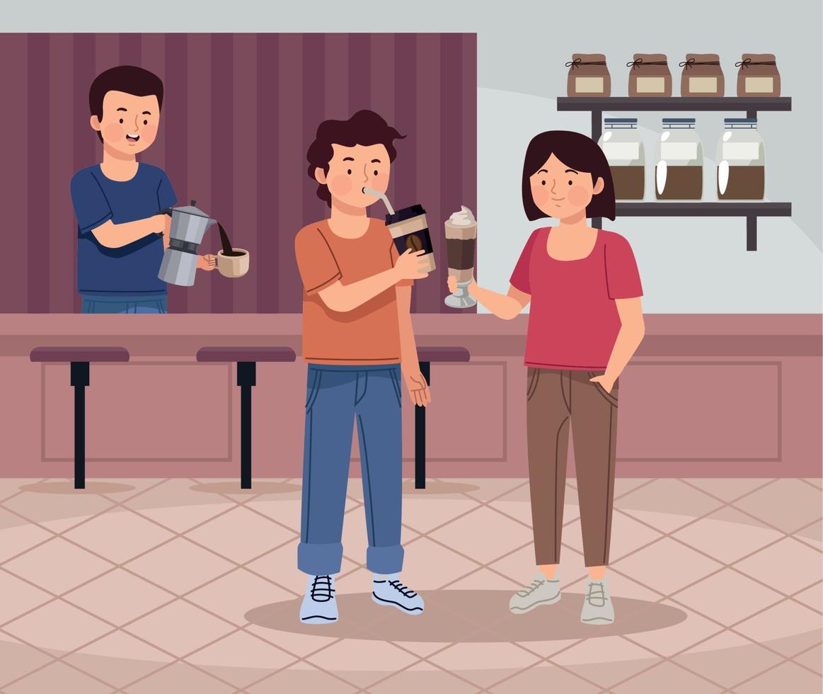 coffee shop attendant and couple vector