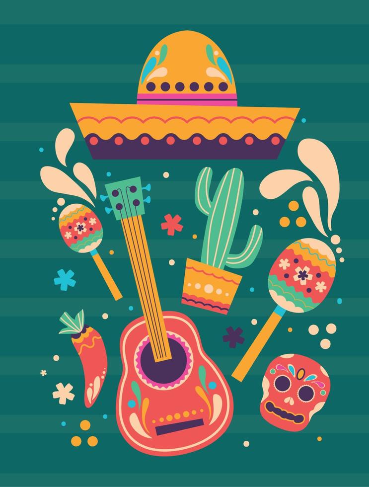 guitarra mexicana y sombrero vector