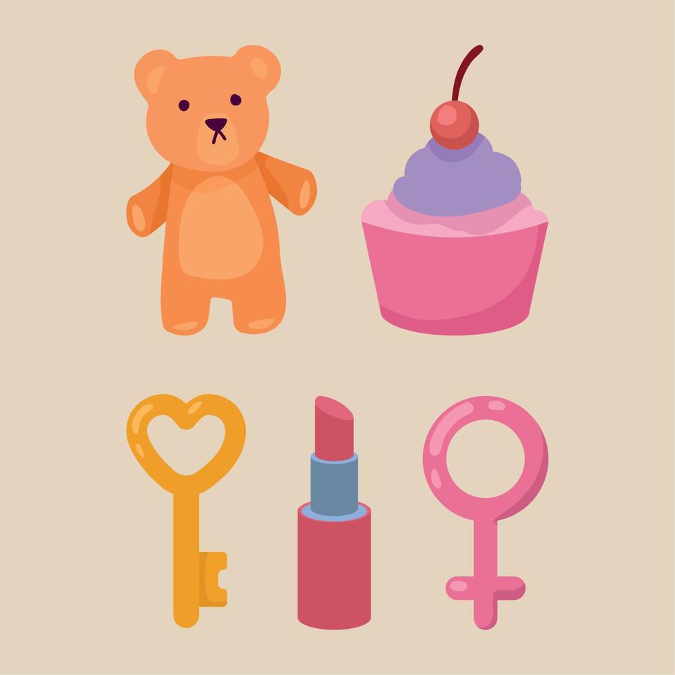 five girly doodle icons vector