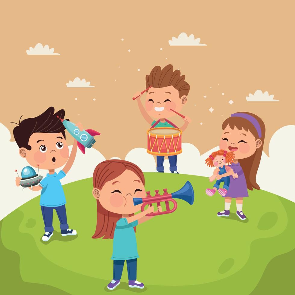 kids with toys in landscape vector