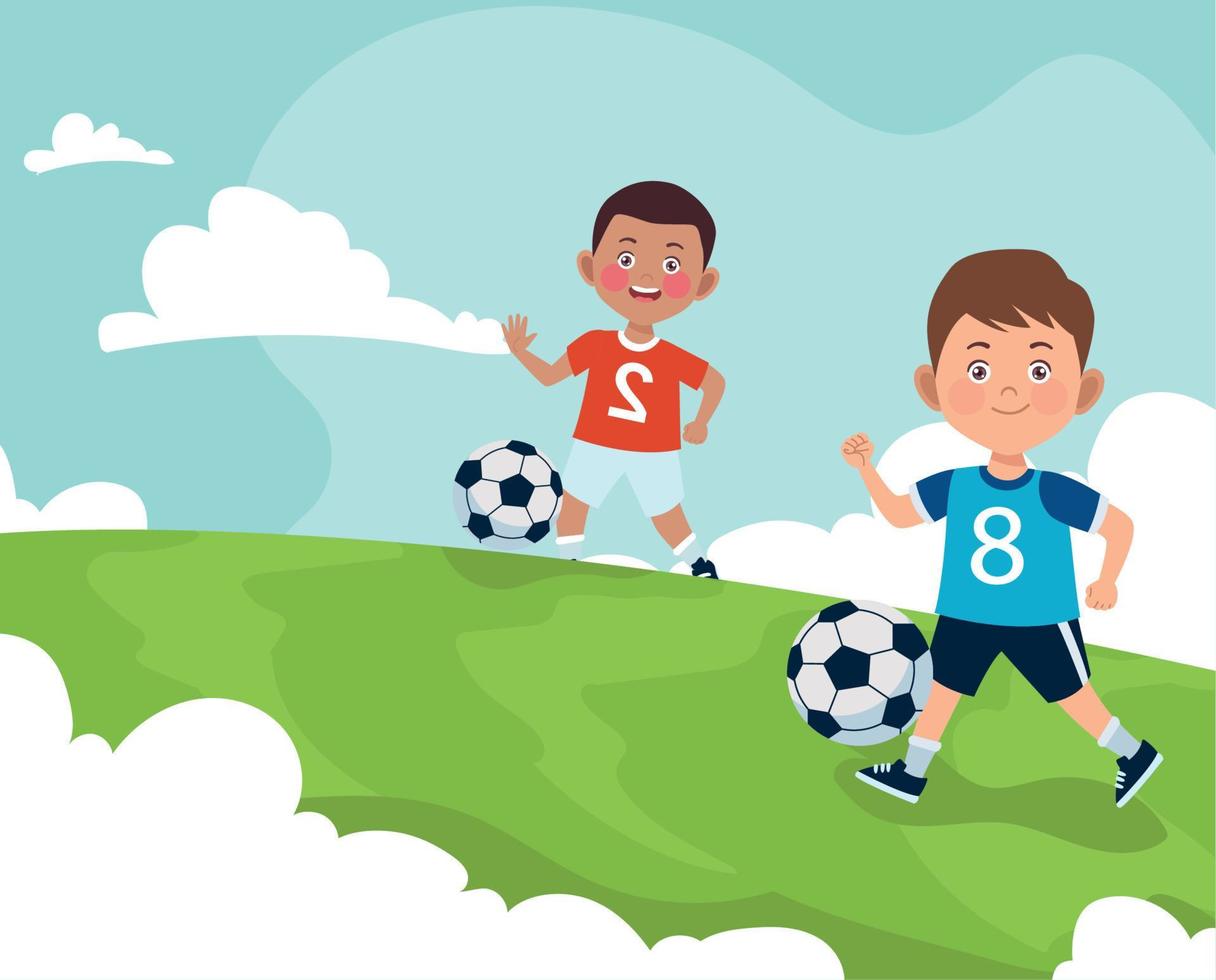 boys couple practicing soccer vector