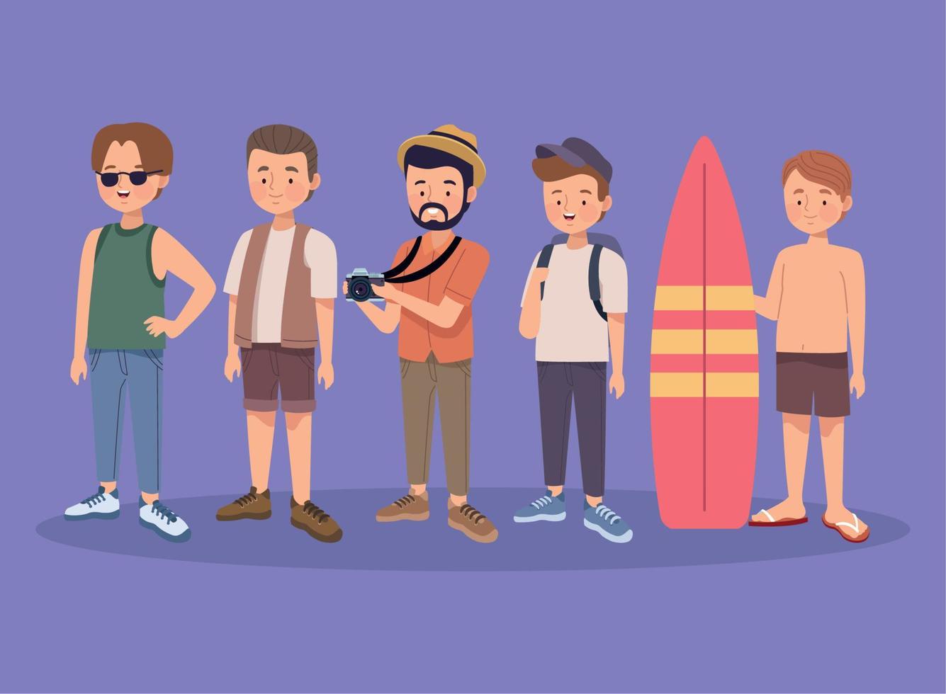 five tourists travelers characters vector
