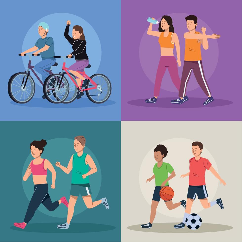 four couples practicing sports vector