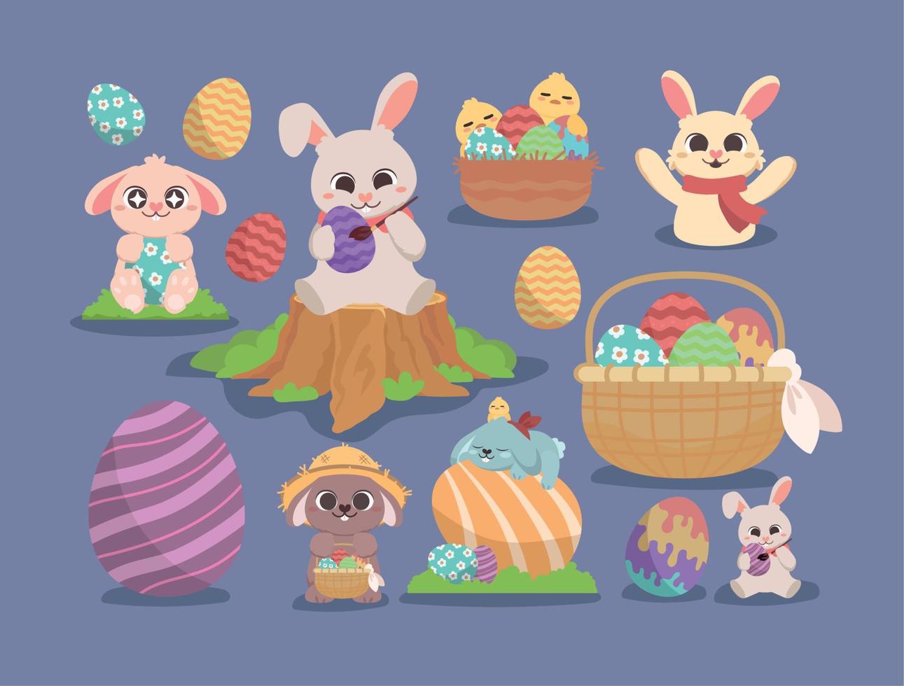easter bunnies and eggs vector