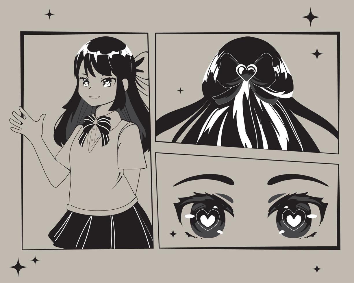 Vector Big Set of Anime Faces with Hair. Flat Gray Icons of Girls