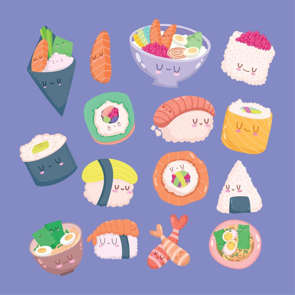 sushi, kawaii, iconos vector