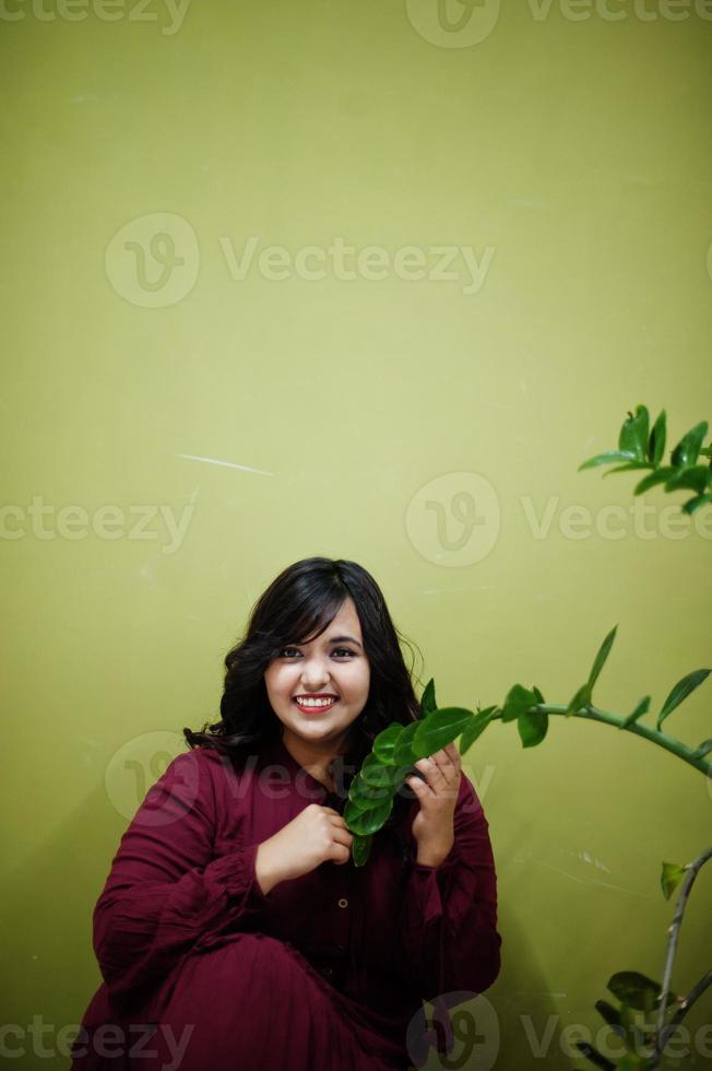 atractiva mujer del sur de Asia con un vestido de color rojo intenso posó en el estudio sobre un fondo verde con vegetación. foto