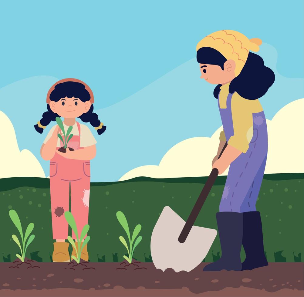 mujer y niña plantando vector