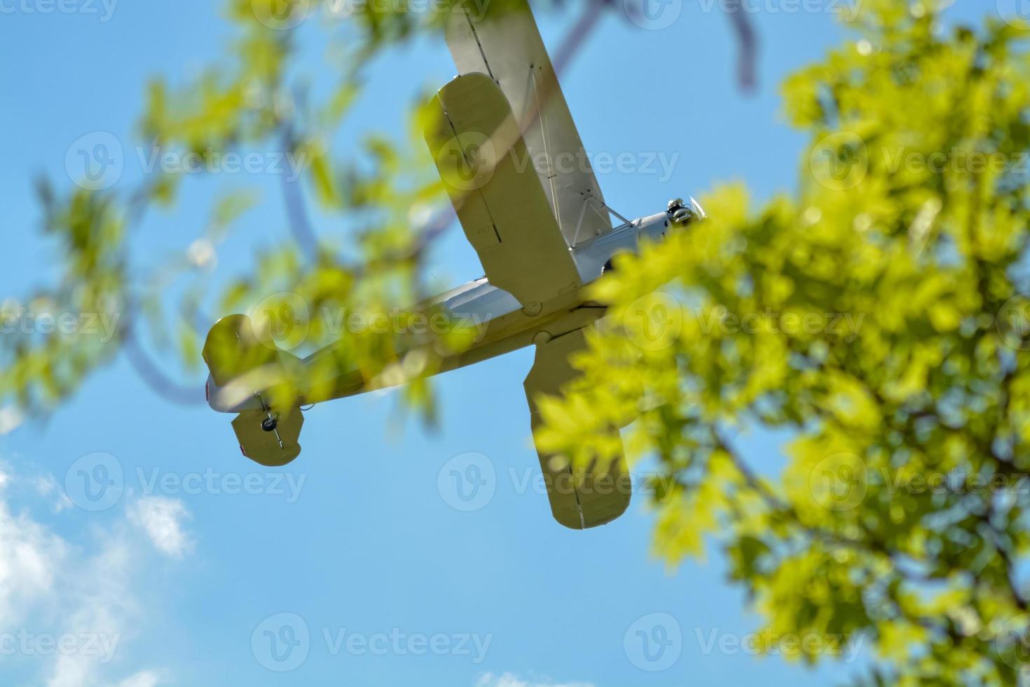 biplano volando sobre frondosos árboles de primavera foto