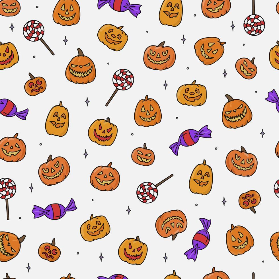 Halloween seamless pattern with doodles on white backgroud. Halloween wrapping paper, scrapbooking, wallpaper, stationary, textile prints, etc. EPS 10 vector