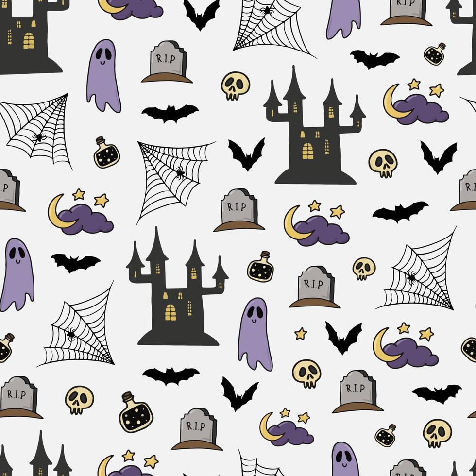 cute seamless Halloween pattern with hand drawn doodles on white background. Good for holiday wallpaper, package, wrapping paper, textile prints, etc. EPS 10 vector